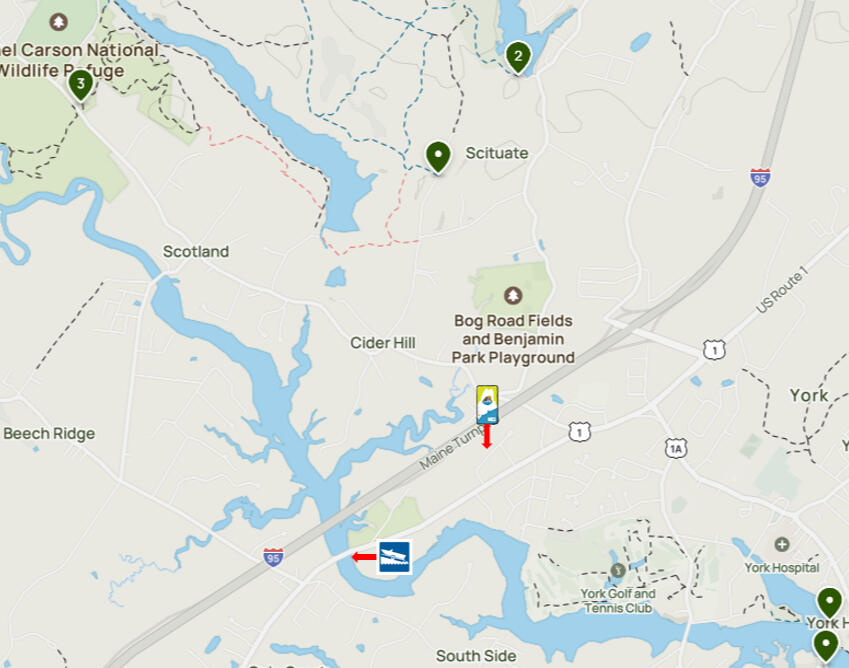 Outdoor activities in the greater York, Maine area is our speciality. We can recommend amazingly beautiful and fun hiking trails Map showing how close Northern Explorer Supply is to Route 1 and I-95 in York near the River River, Mount Agamenticus, and Route 1A towards Long Sands Beach.